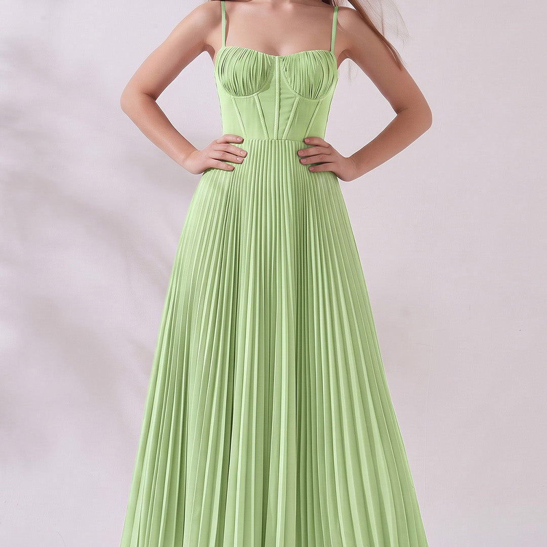 Pleated A-Line Corset Maxi Dress with Adjustable Spaghetti Straps