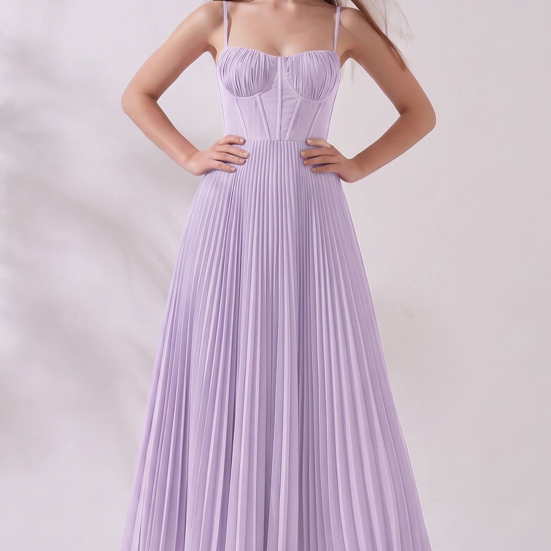 Pleated A-Line Corset Maxi Dress with Adjustable Spaghetti Straps