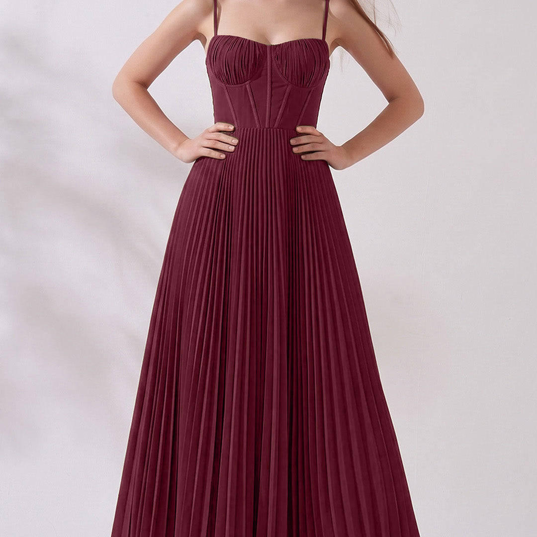 Pleated A-Line Corset Maxi Dress with Adjustable Spaghetti Straps