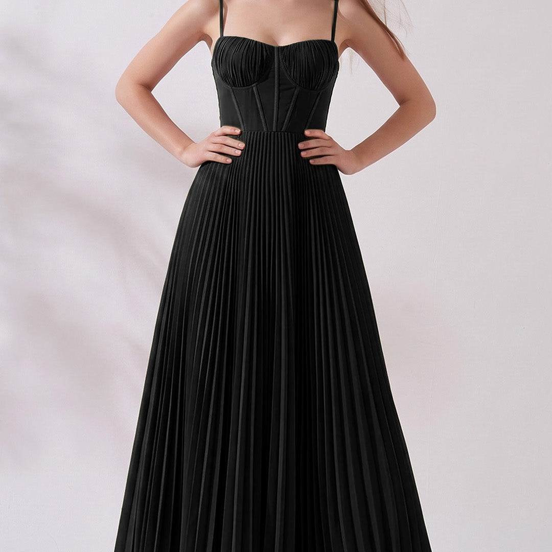 Pleated A-Line Corset Maxi Dress with Adjustable Spaghetti Straps
