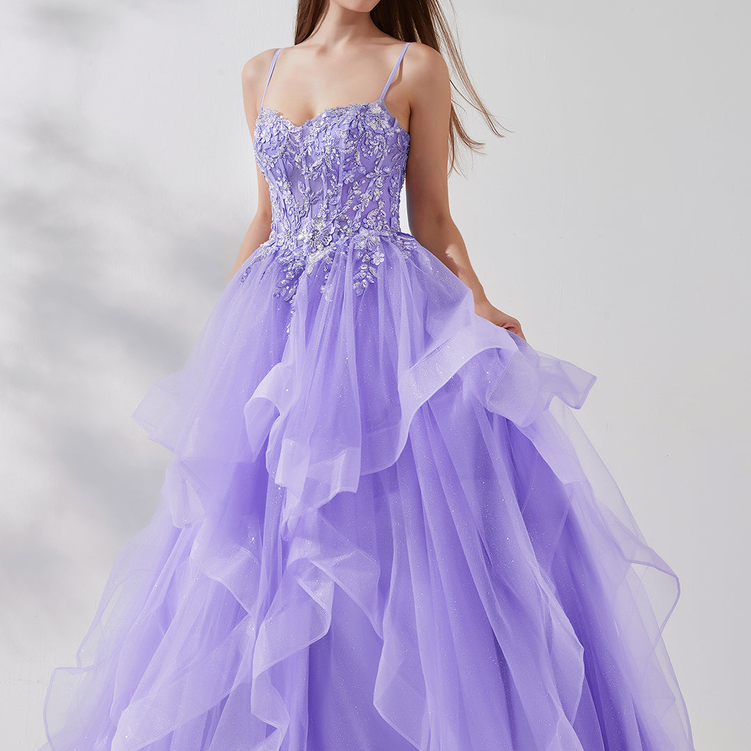 Heart Neckline Spaghetti Straps Beaded Sequins Puffy Dresses