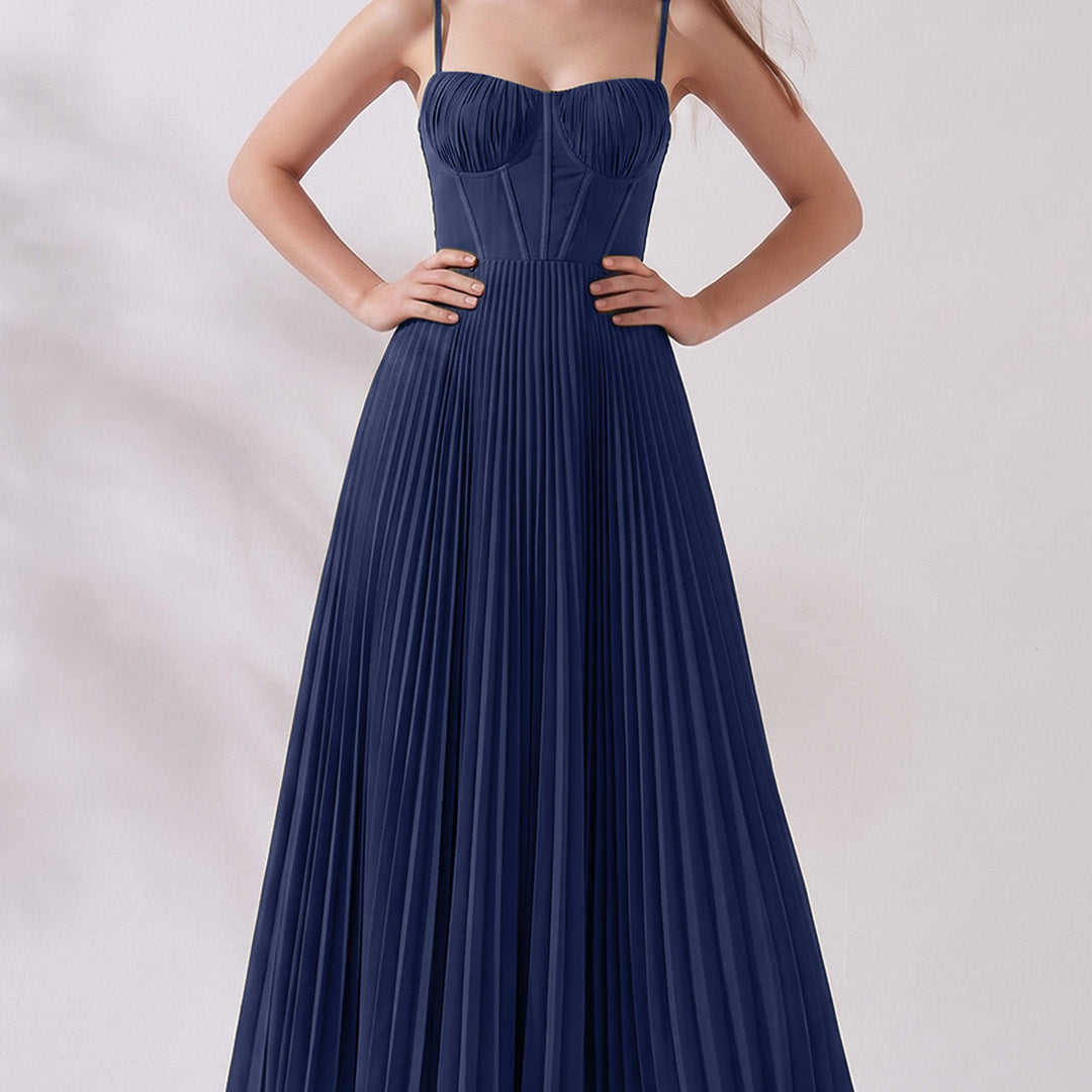 Pleated A-Line Corset Maxi Dress with Adjustable Spaghetti Straps