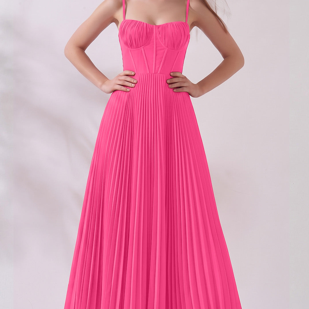 Pleated A-Line Corset Maxi Dress with Adjustable Spaghetti Straps