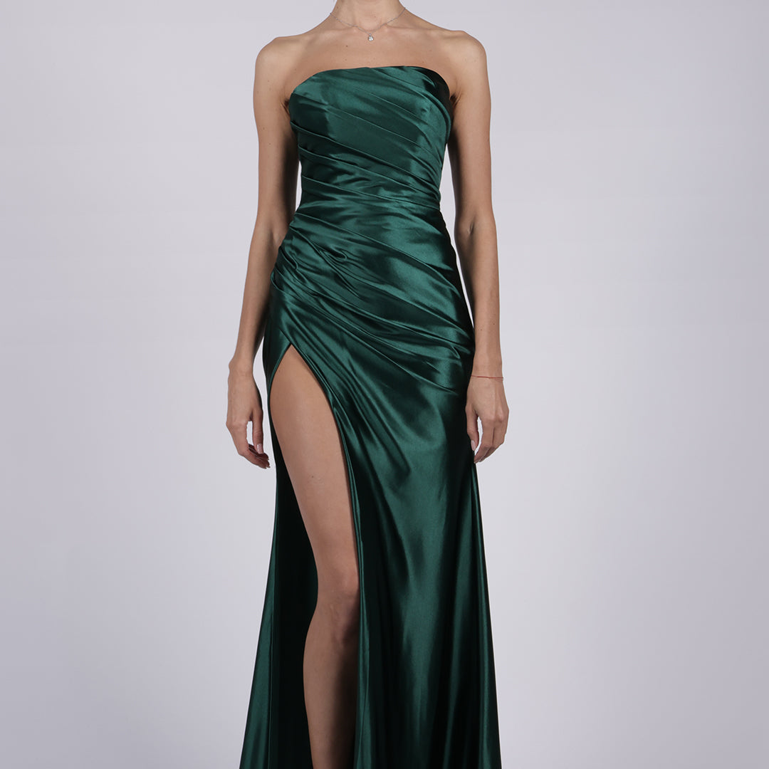 Satin Strapless High Split Pleated Sweep Train Prom Dress