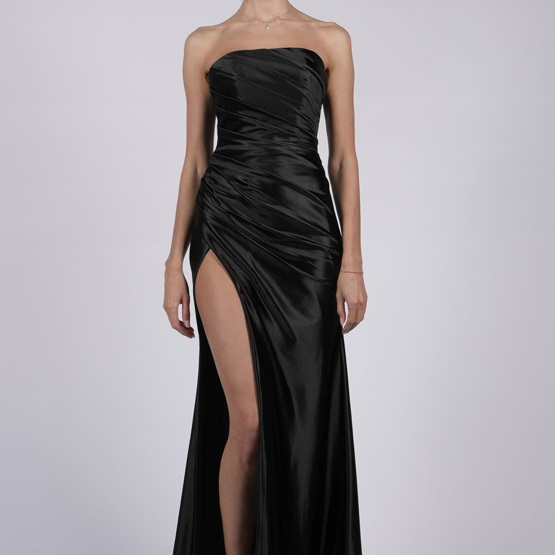 Satin Strapless High Split Pleated Sweep Train Prom Dress