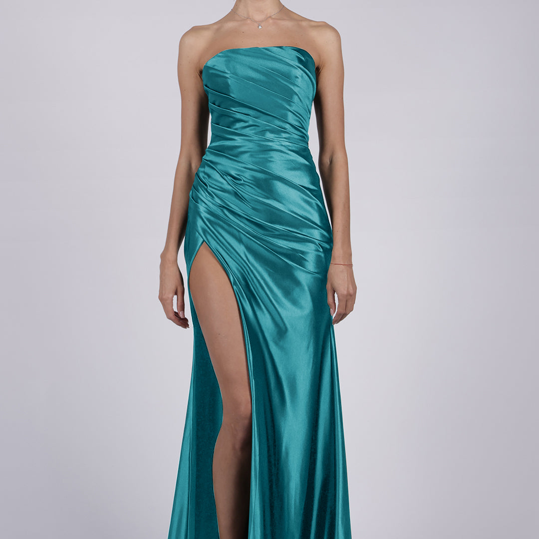 Satin Strapless High Split Pleated Sweep Train Prom Dress