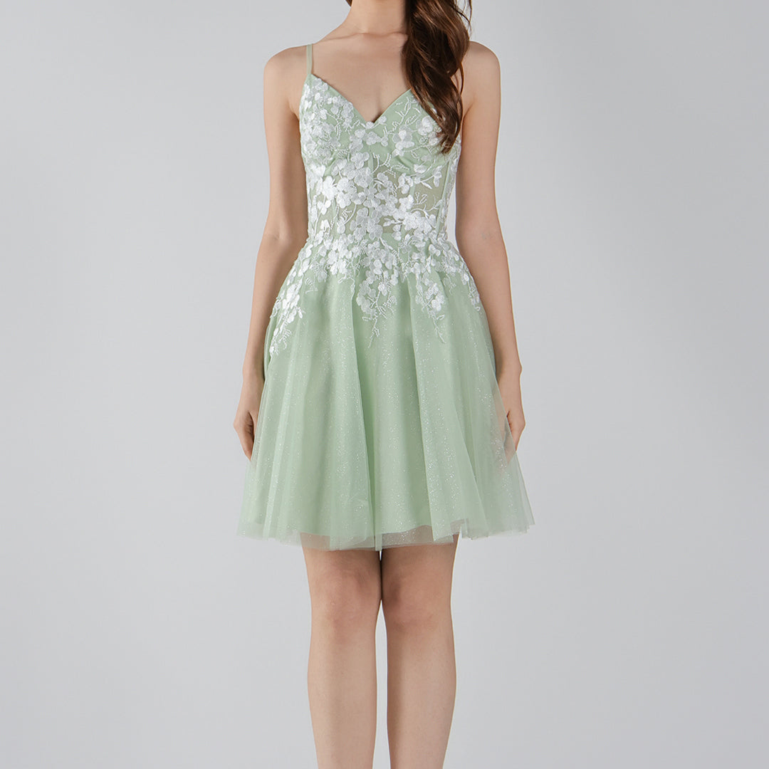 V-Neck Lace Floral Bodice Cross Straps Mini Dresses