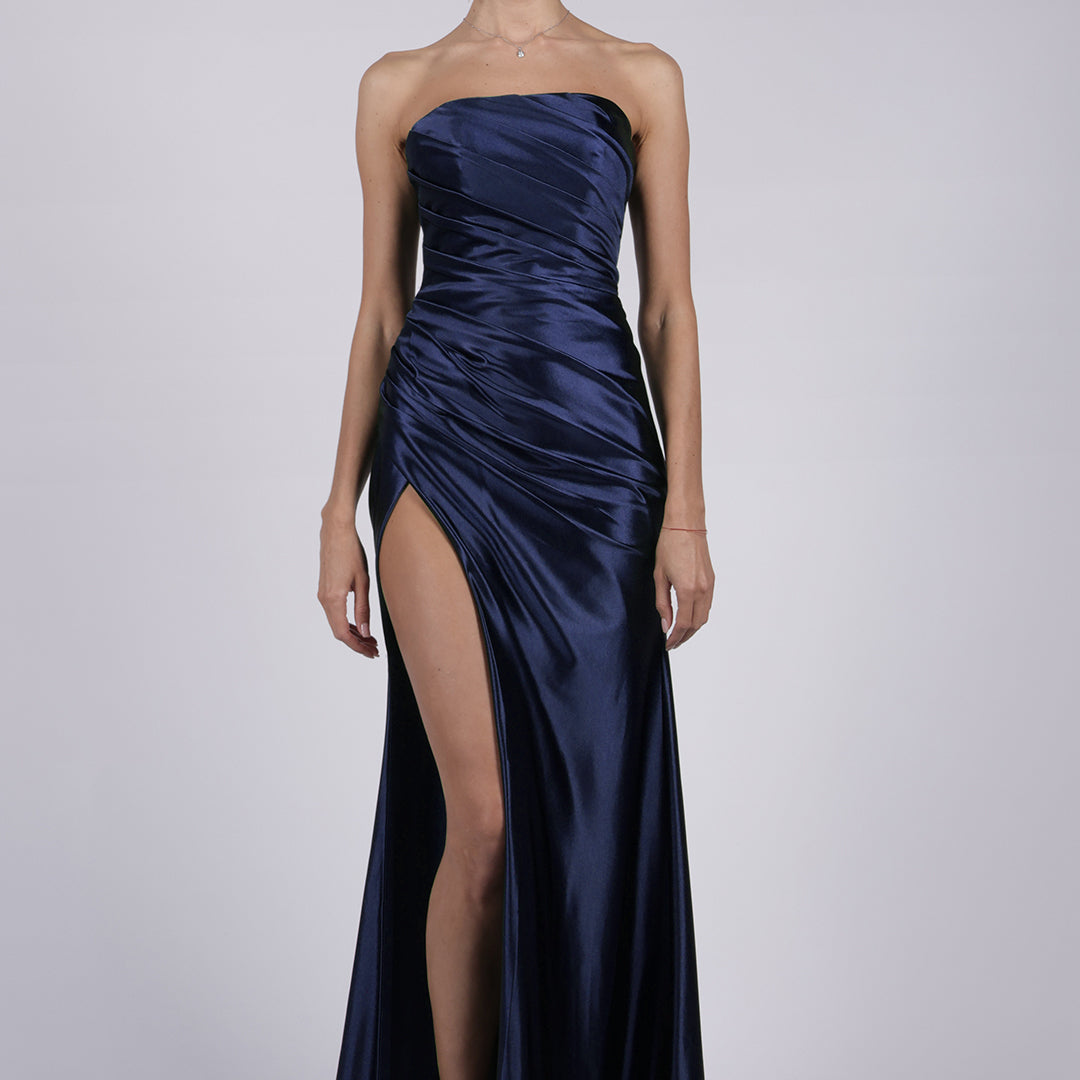 Satin Strapless High Split Pleated Sweep Train Prom Dress