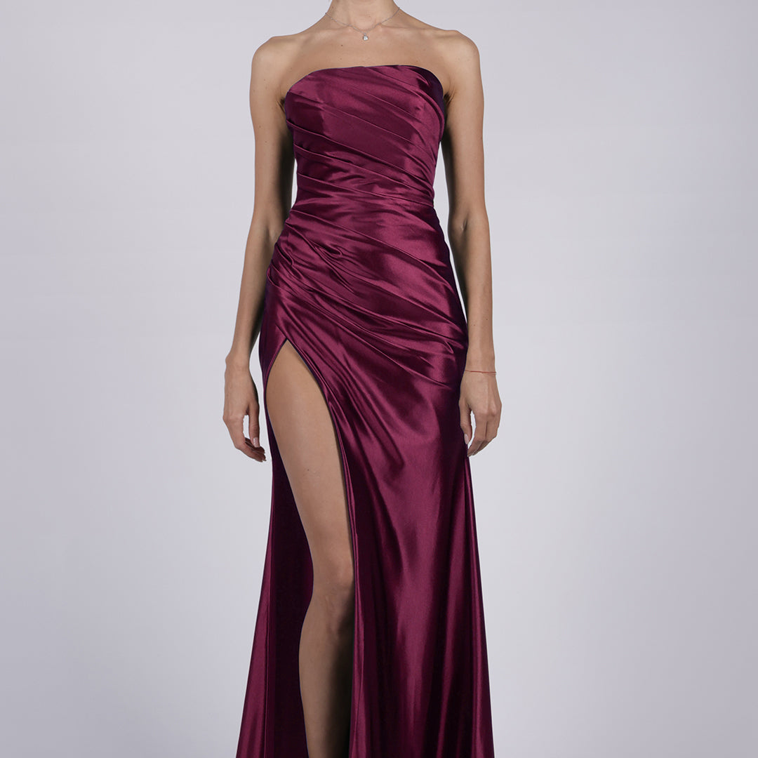 Satin Strapless High Split Pleated Sweep Train Prom Dress
