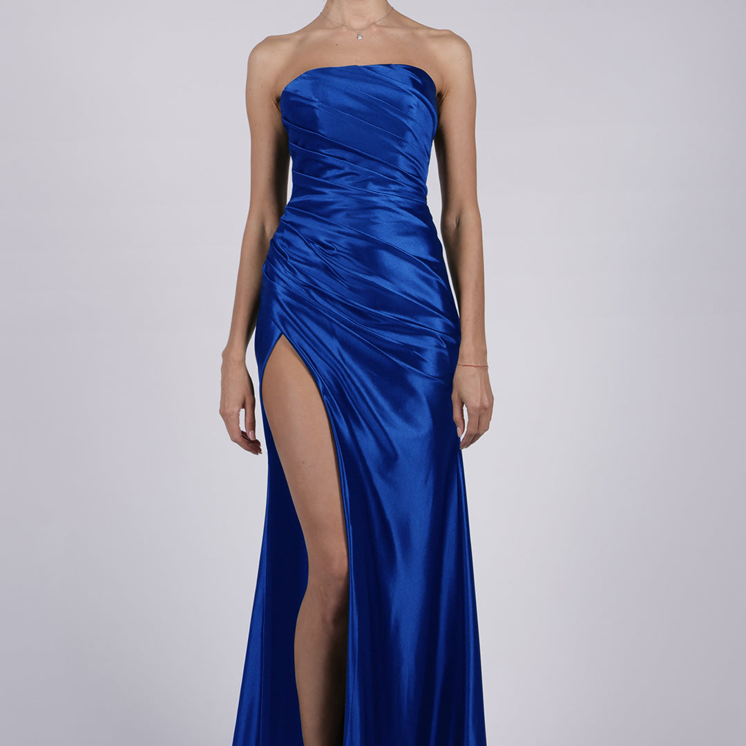 Satin Strapless High Split Pleated Sweep Train Prom Dress