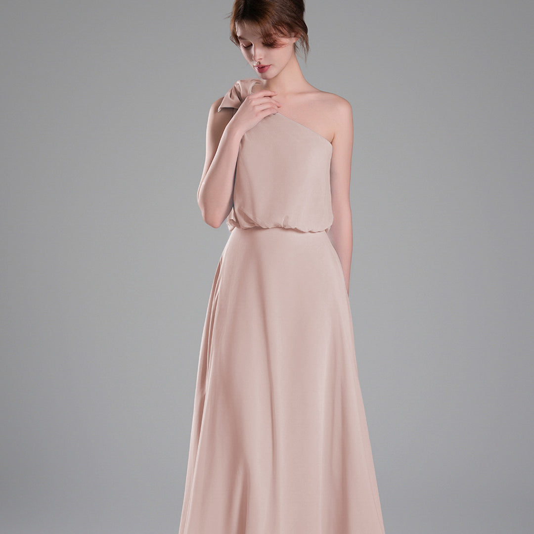 One-Shoulder Bow Detail Flowing A-Line Dresses