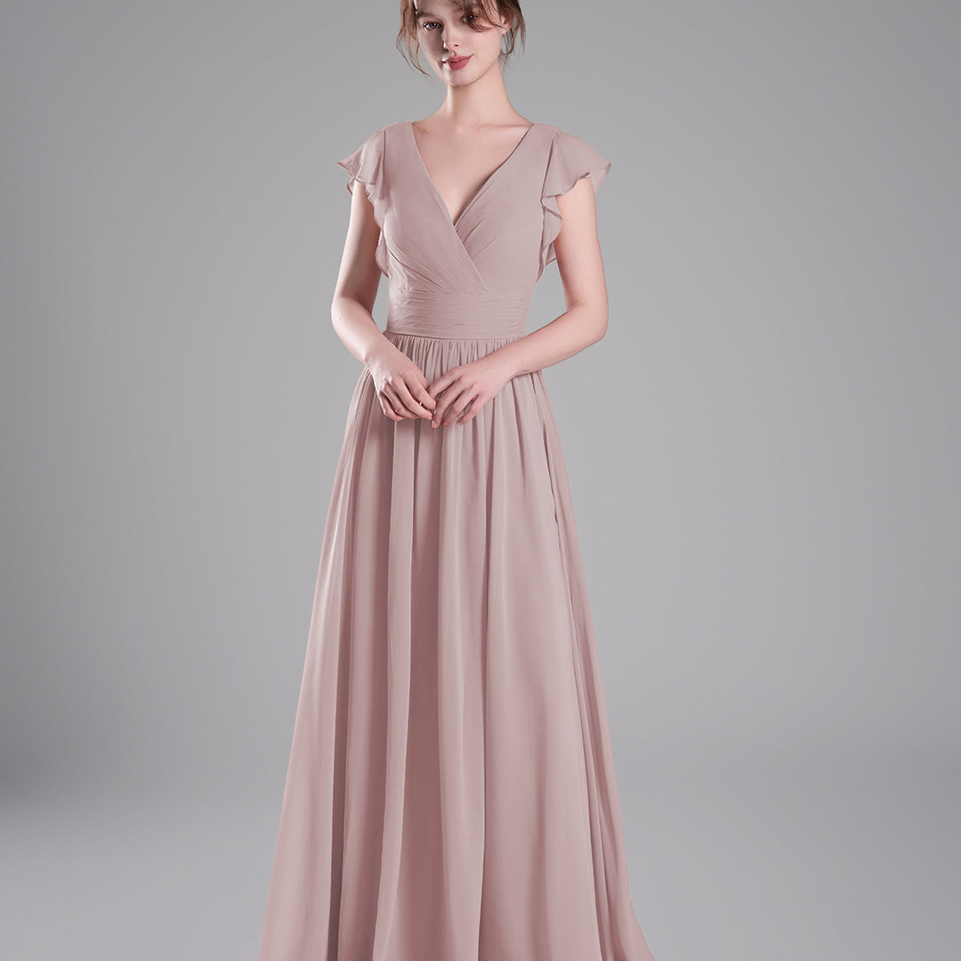 Flutter Sleeves Pleated Bodice Open Back Dresses