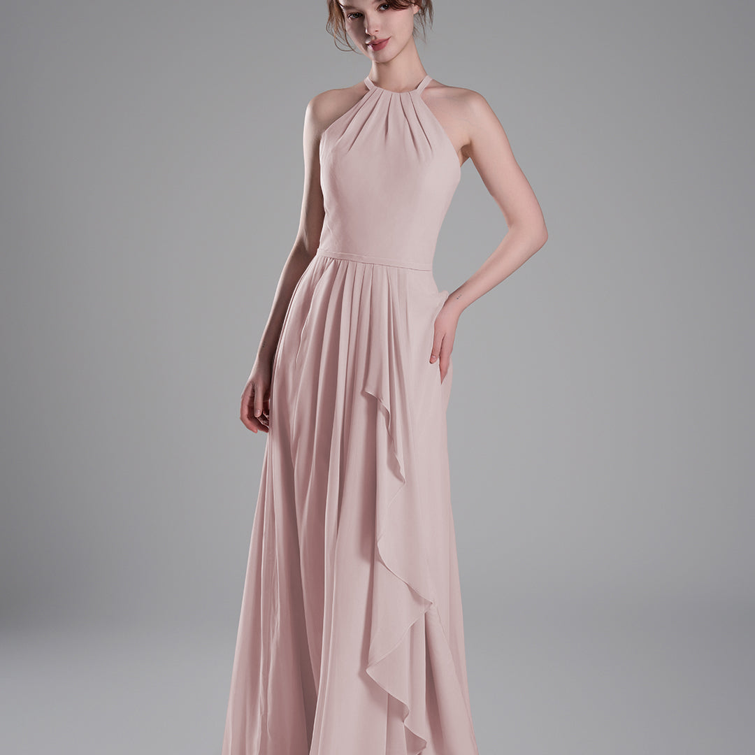 Halter Neckline Pleated Asymmetrical Ruffle Dresses