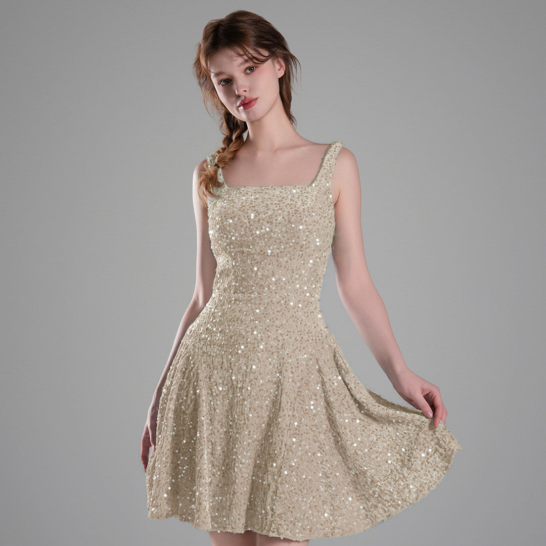 Square-Neck Wide Straps Sequins Pleated Dresses