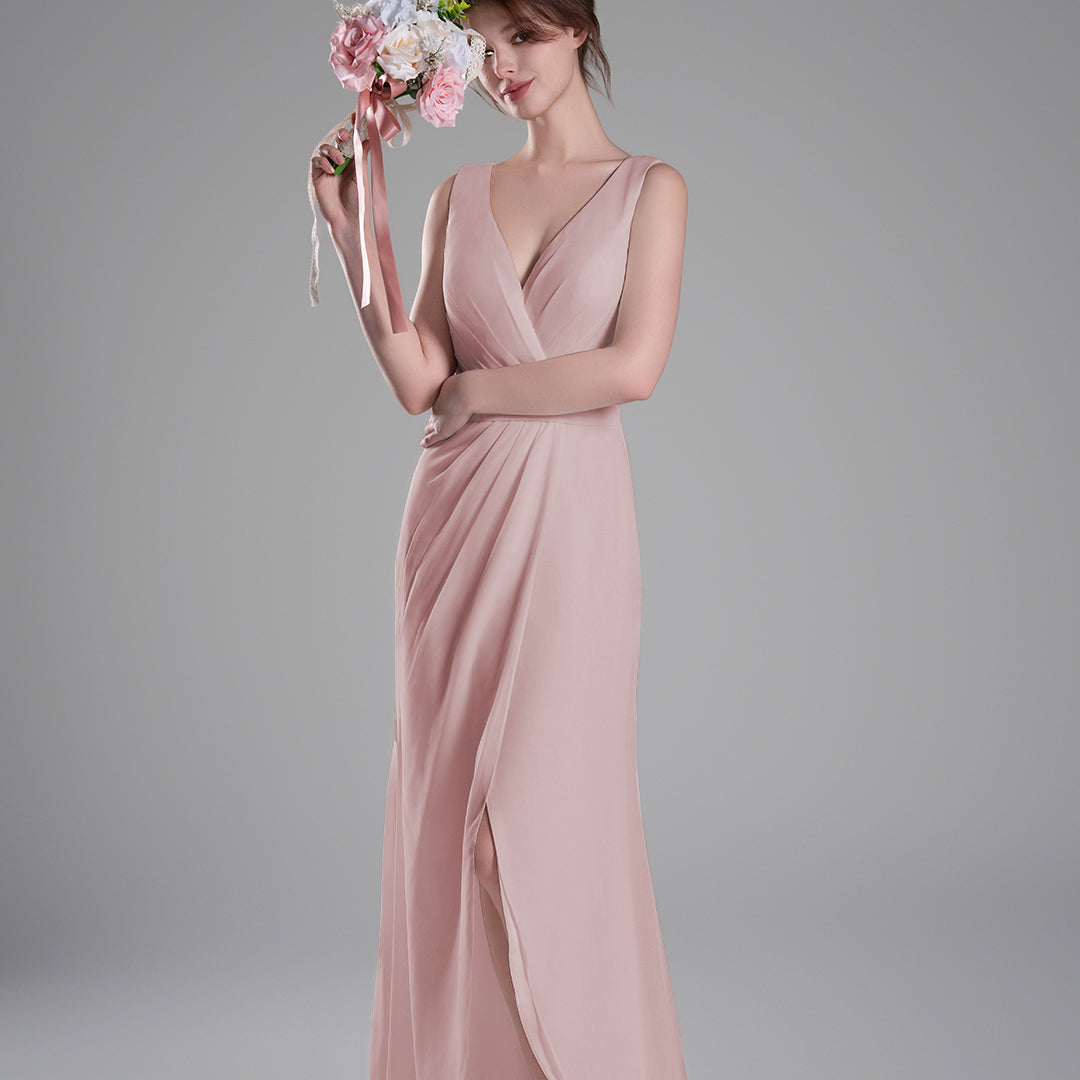 V-Neck Crossover Bodice Pleated Front Slit Dresses