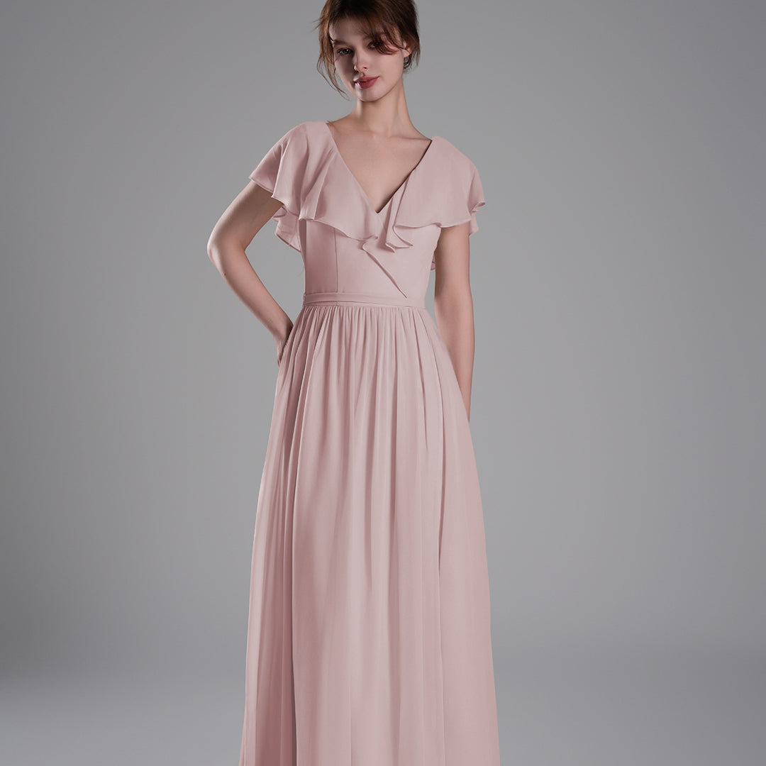 Deep V-Neckline Flutter Sleeves Tie Detail Dresses