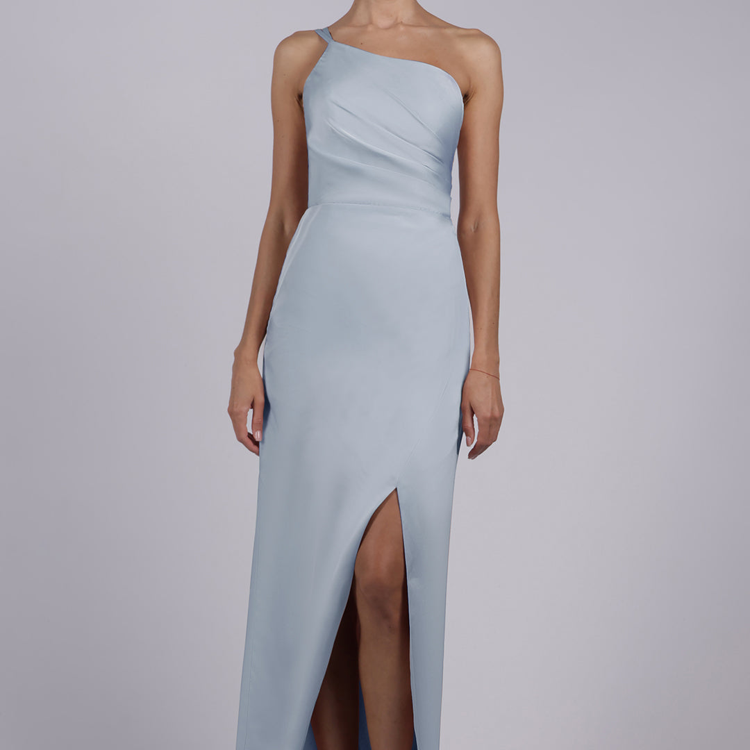 One Shoulder Spaghetti Straps Front Split Pleated Sheath Maxi Dress