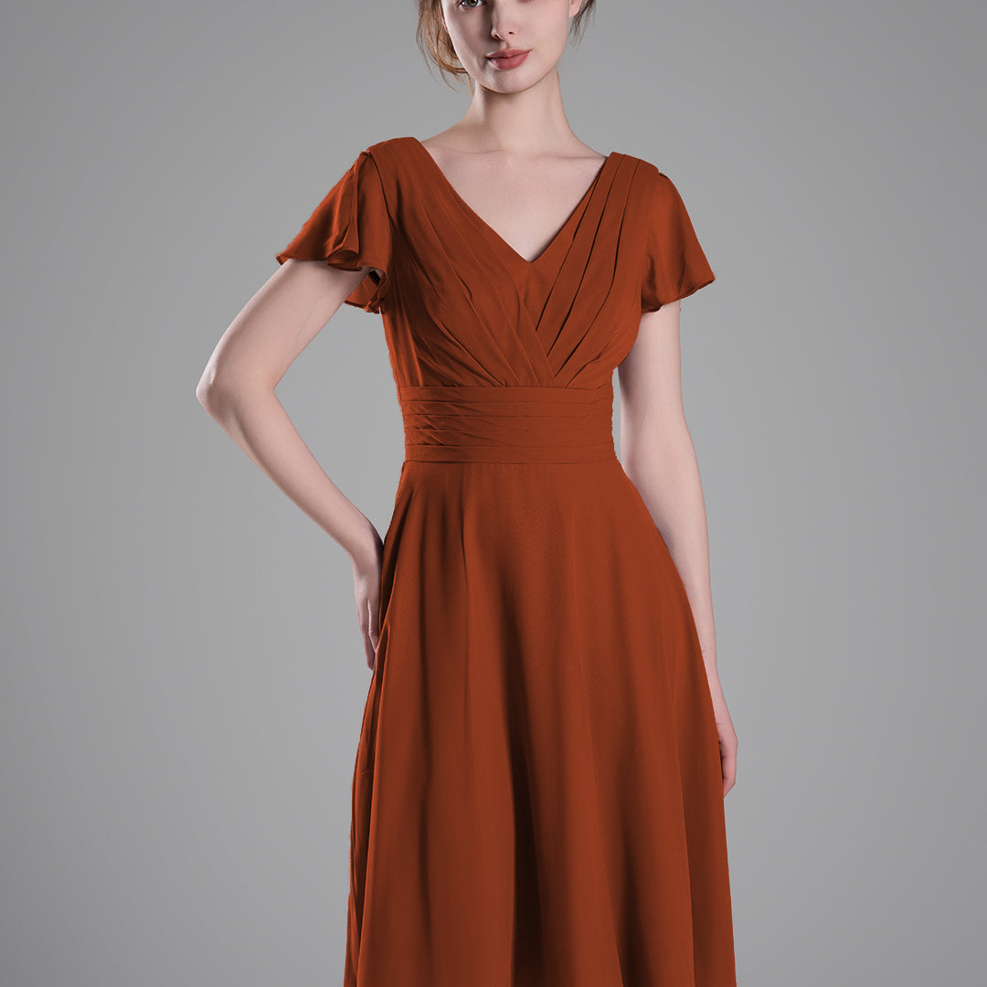 Flutter Sleeves Pleated V-Cut Back Mini Dresses