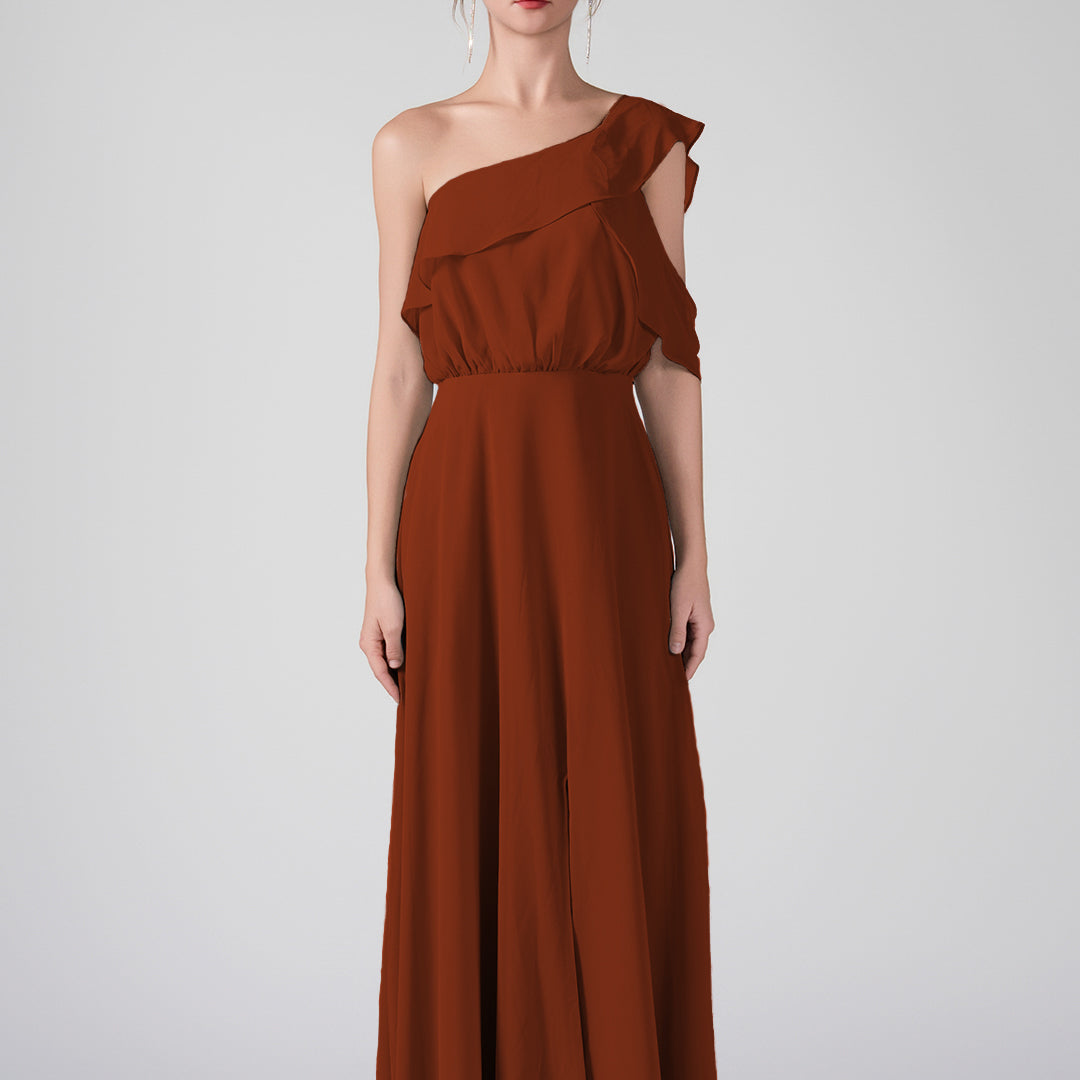 One Shoulder Ruffled Sleeves Front Split A-Line Maxi Dress