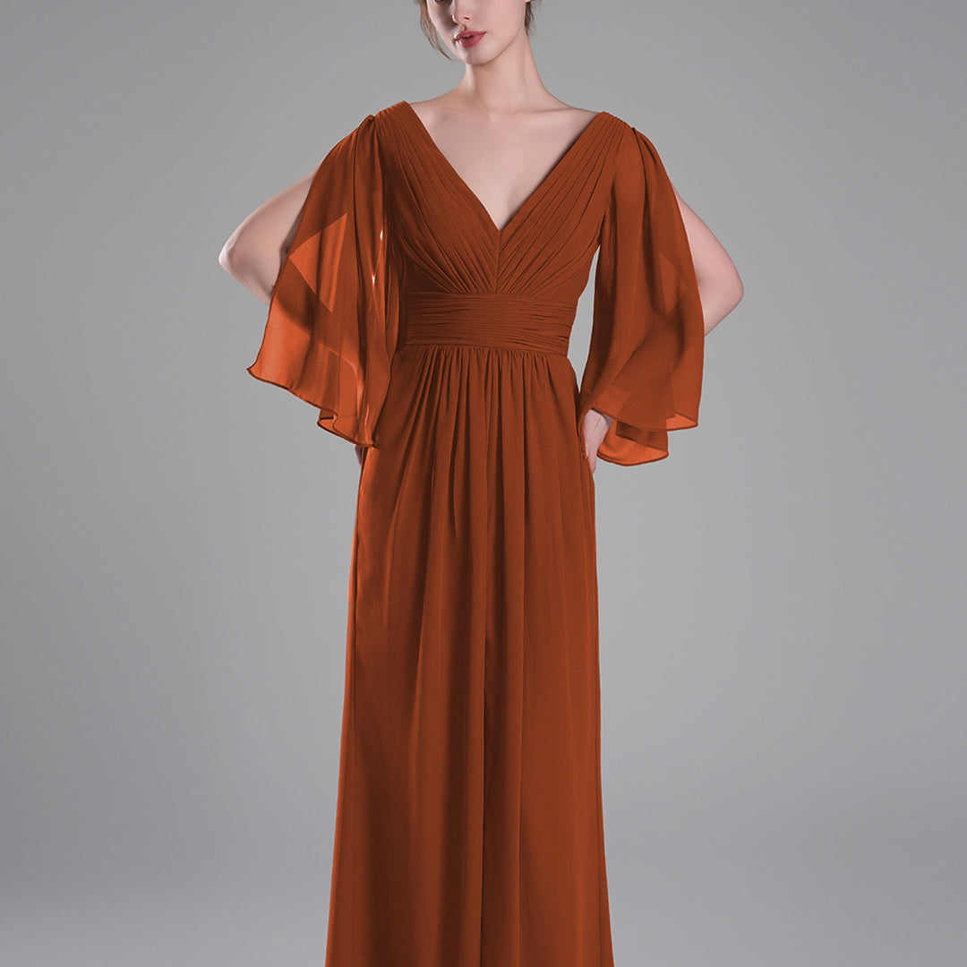 Flowing Chiffon Sleeves Ruched Waistline Slit Dresses