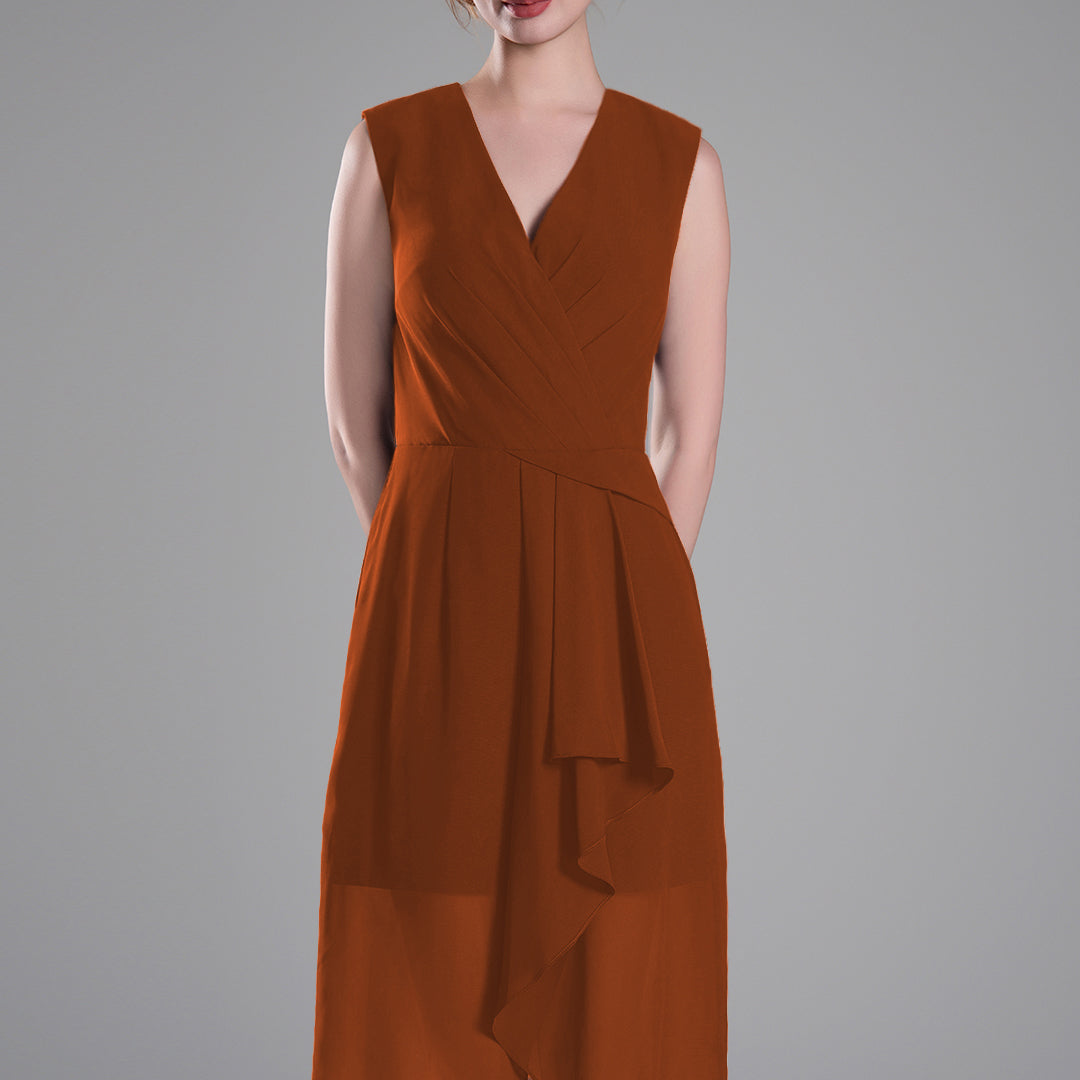 Sophisticated PleatedV-Neck Flared Hem Dress