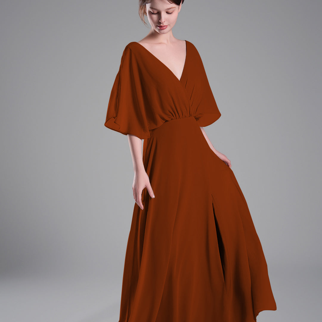 Draped Sleeves High Slit Backless Dresses