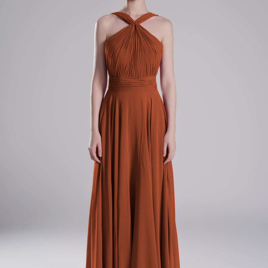 Halter Neck Cross Straps Pleated Waist A-Line Dresses