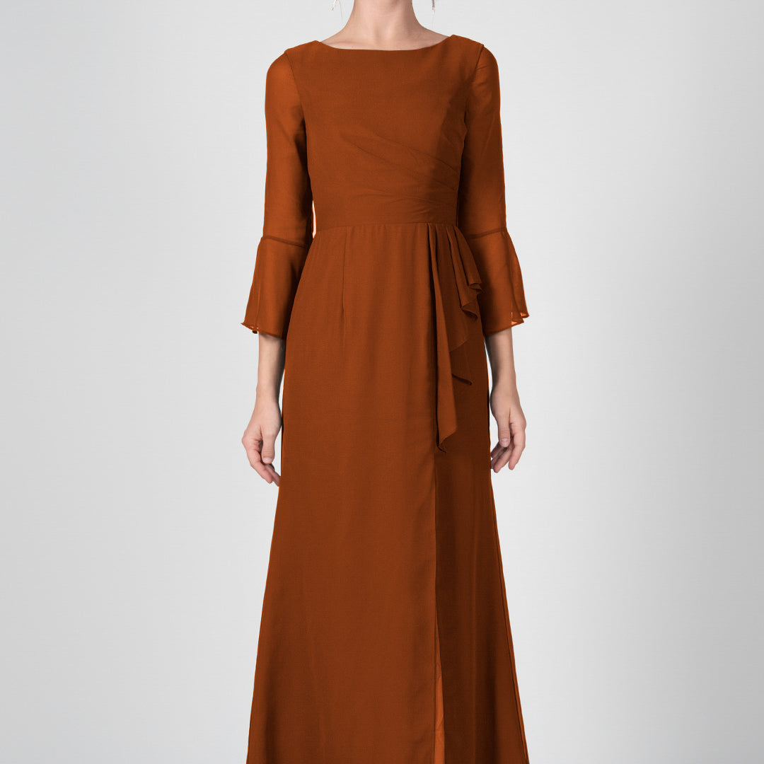 Bateau Neck Sheer Sleeve Split Maxi Dresses