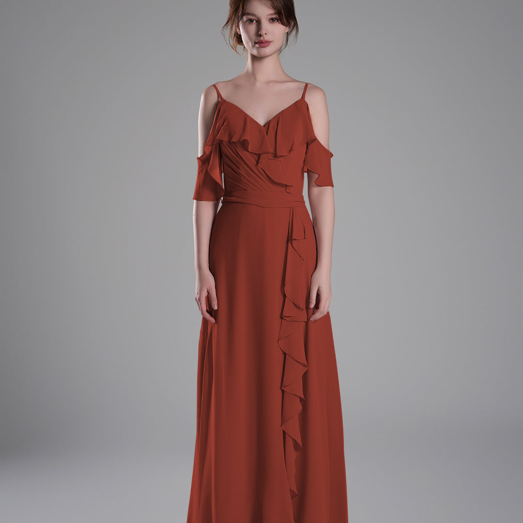 Adjustable Straps Ruffled Chiffon Long Dresses