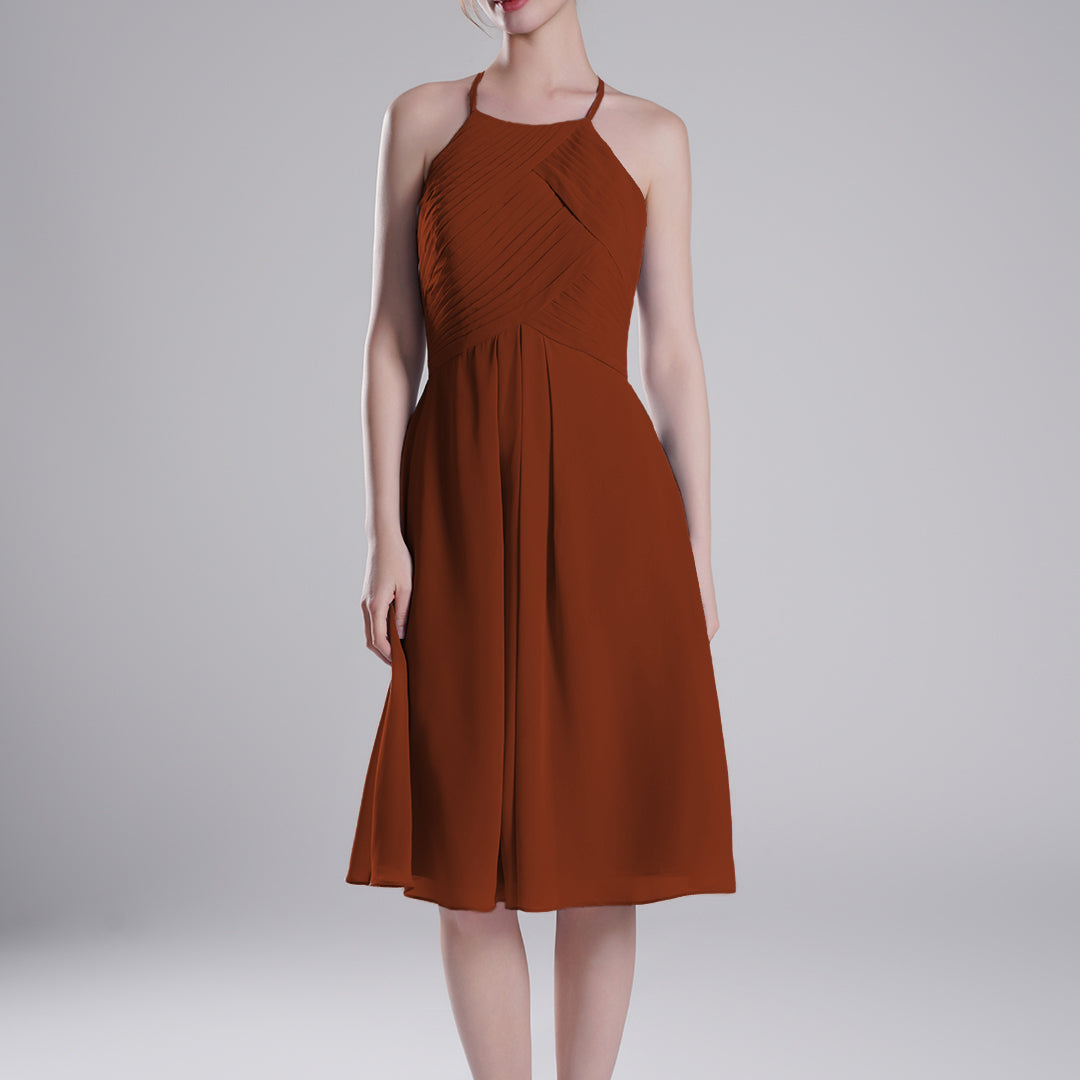 Halter Neckline Pleated Bodice Open Back Mini Dresses