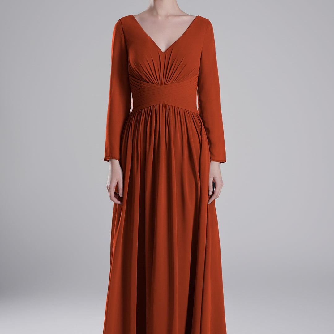 V-Neck Pleated Fitted Waist Flowing A-Line Dresses