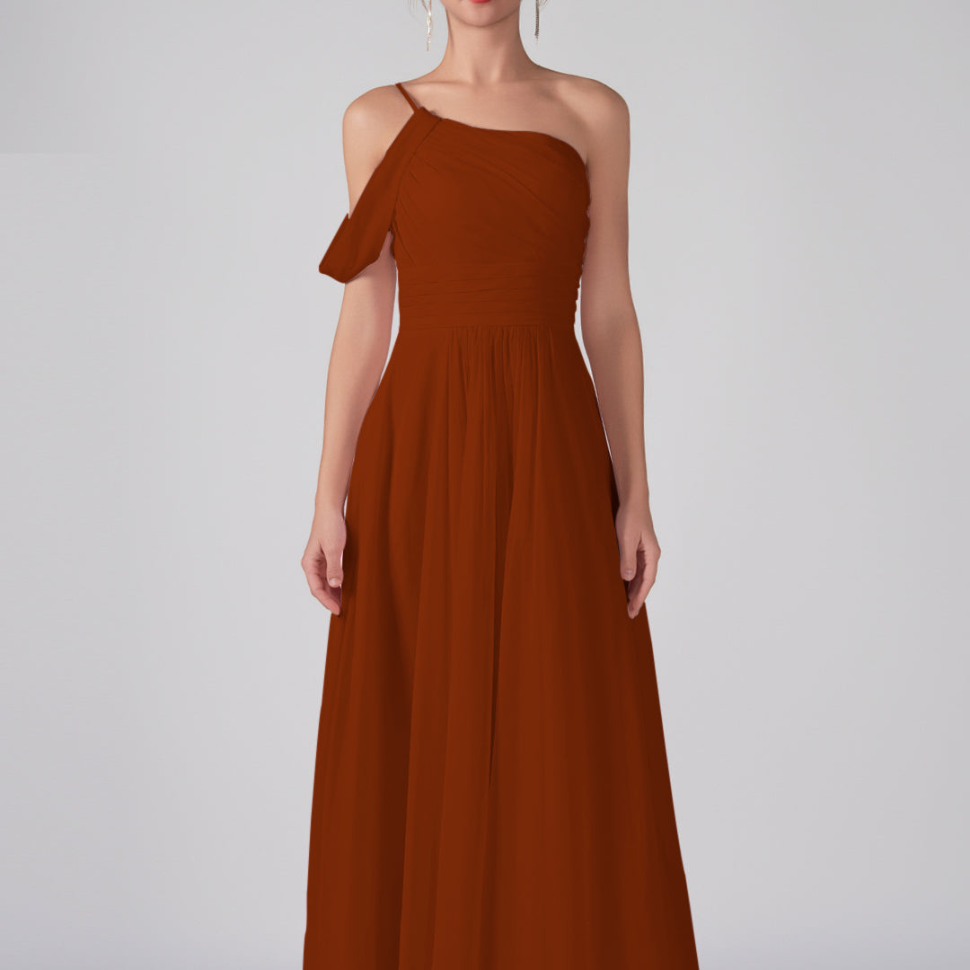 One Shoulder Off Shoulder Sleeve Ruched Bodice A-Line Maxi Dress