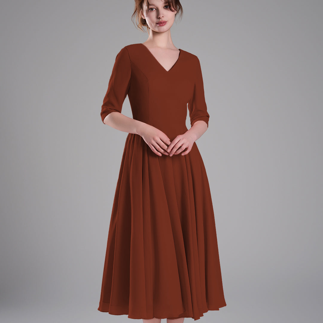 Elegant Chiffon Midi Dress with 3/4 Sleeves