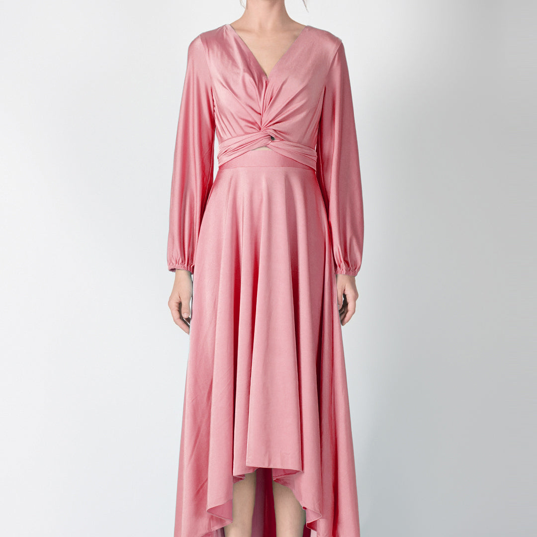 V-Neck Twist Front Detail High-Low Dresses