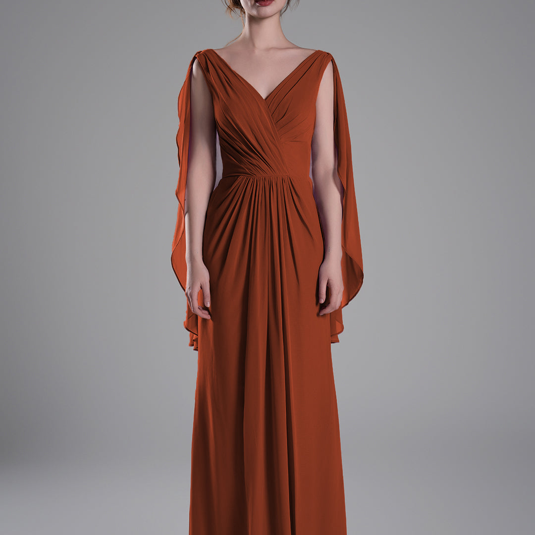 V-Neck Flowing Cape Sleeves Pleated Dress