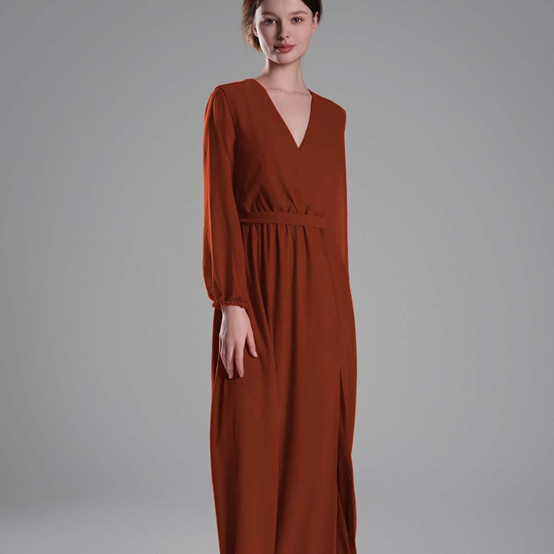 V-Neck Elegant Long Sleeves Flared Slit Dresses