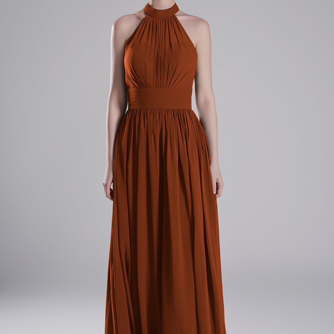 Halter Neckline Pleated Bodice Open Back A-Line Dresses