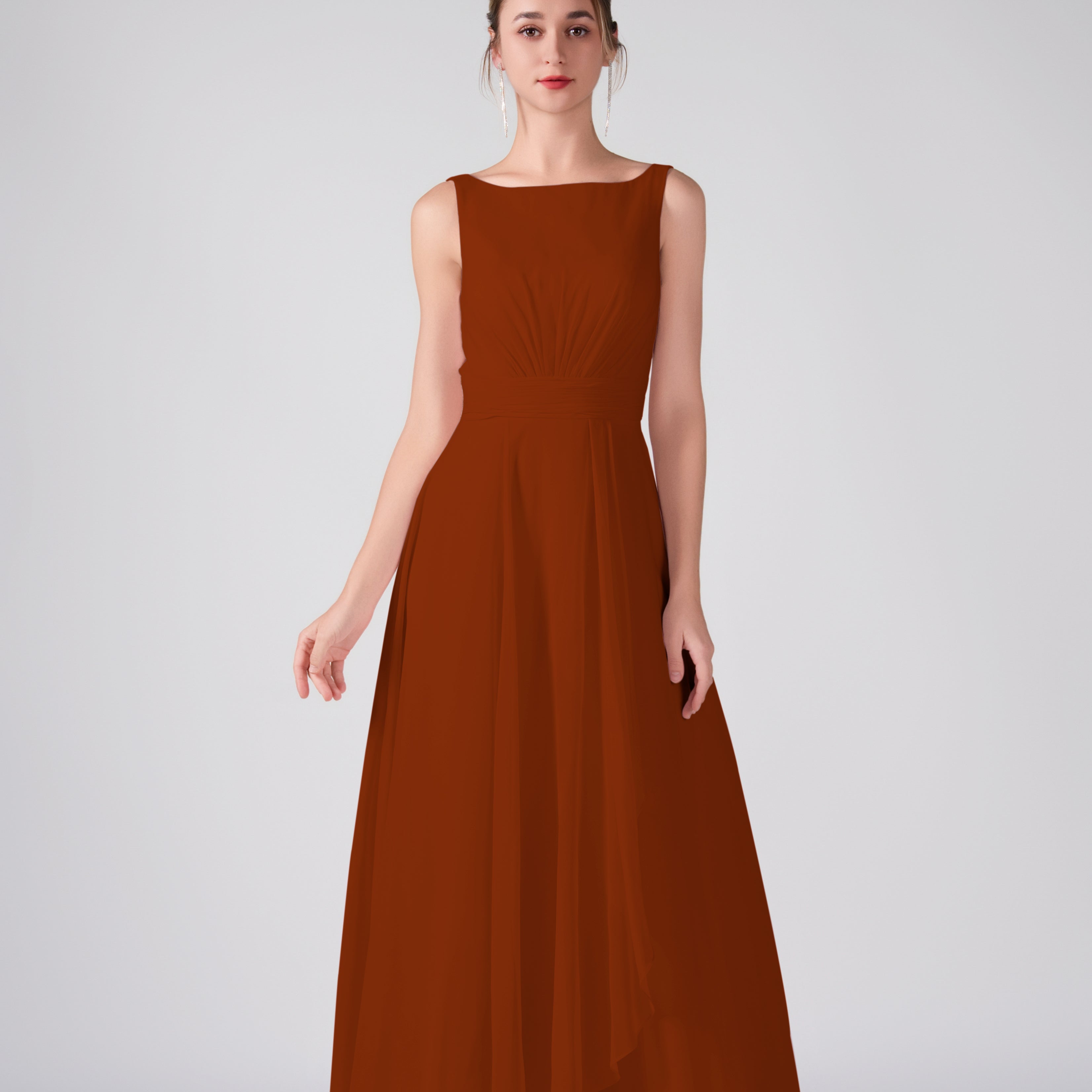 Bateau Neckline Sleeveless Ruched A-Line Maxi Dress