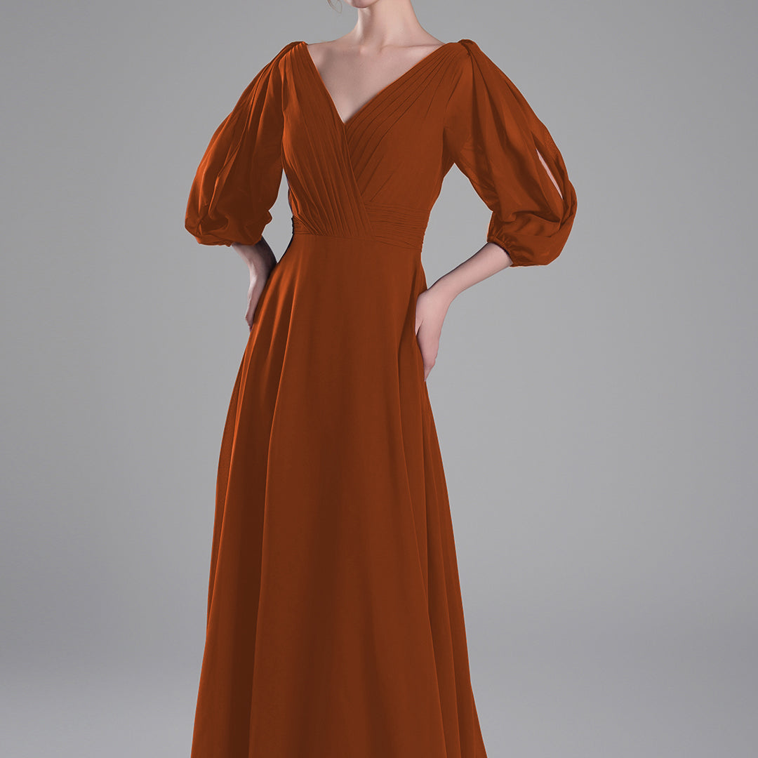 V-Neck Puffy Sleeves Pleated A-Line Dresses