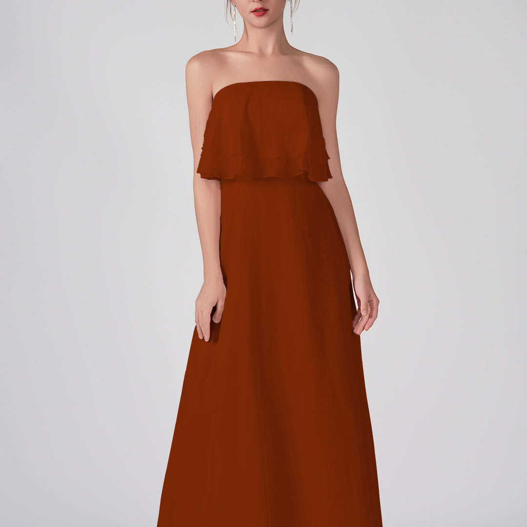 Robe trapèze en mousseline de soie sans bretelles à volants, longueur au sol