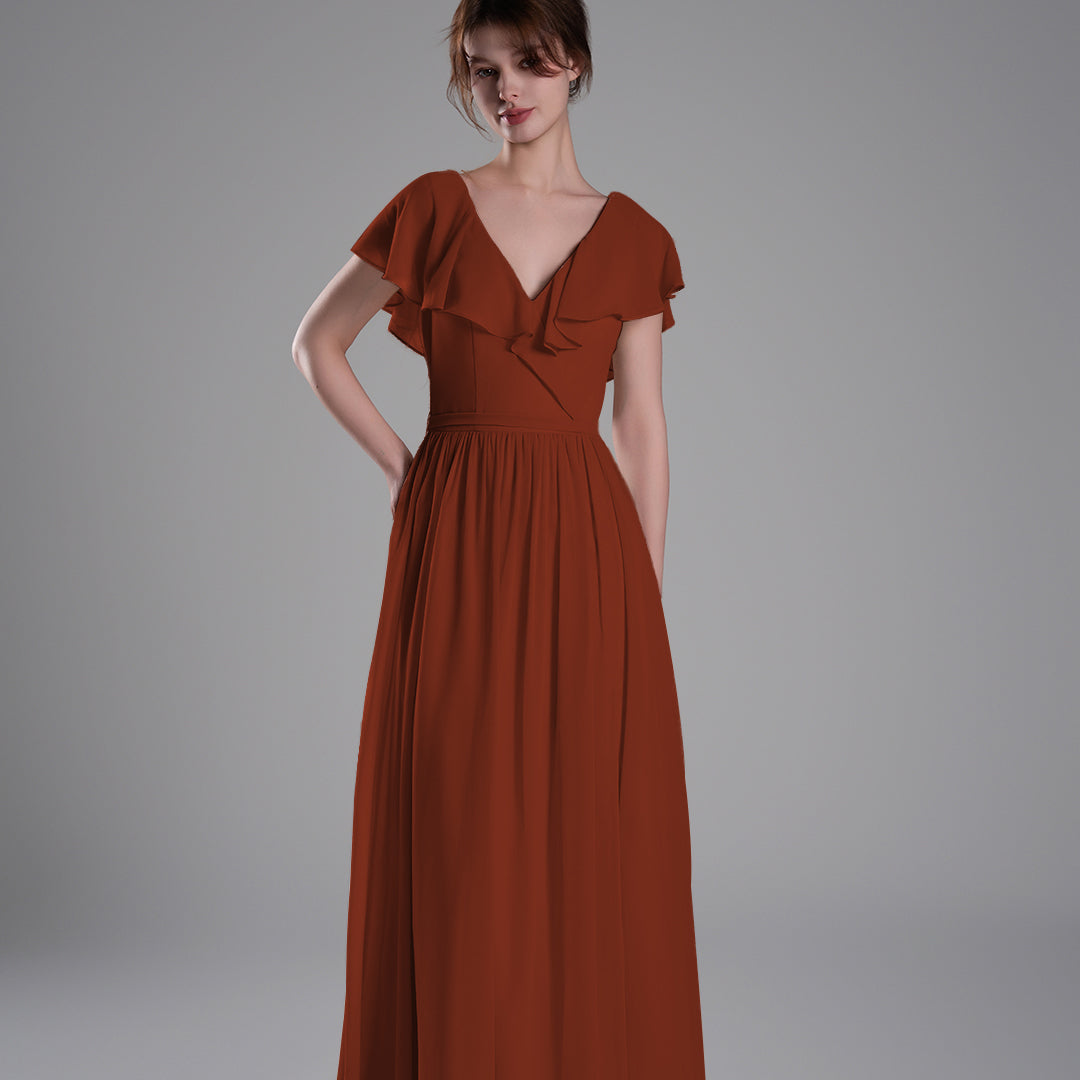 Deep V-Neckline Flutter Sleeves Tie Detail Dresses