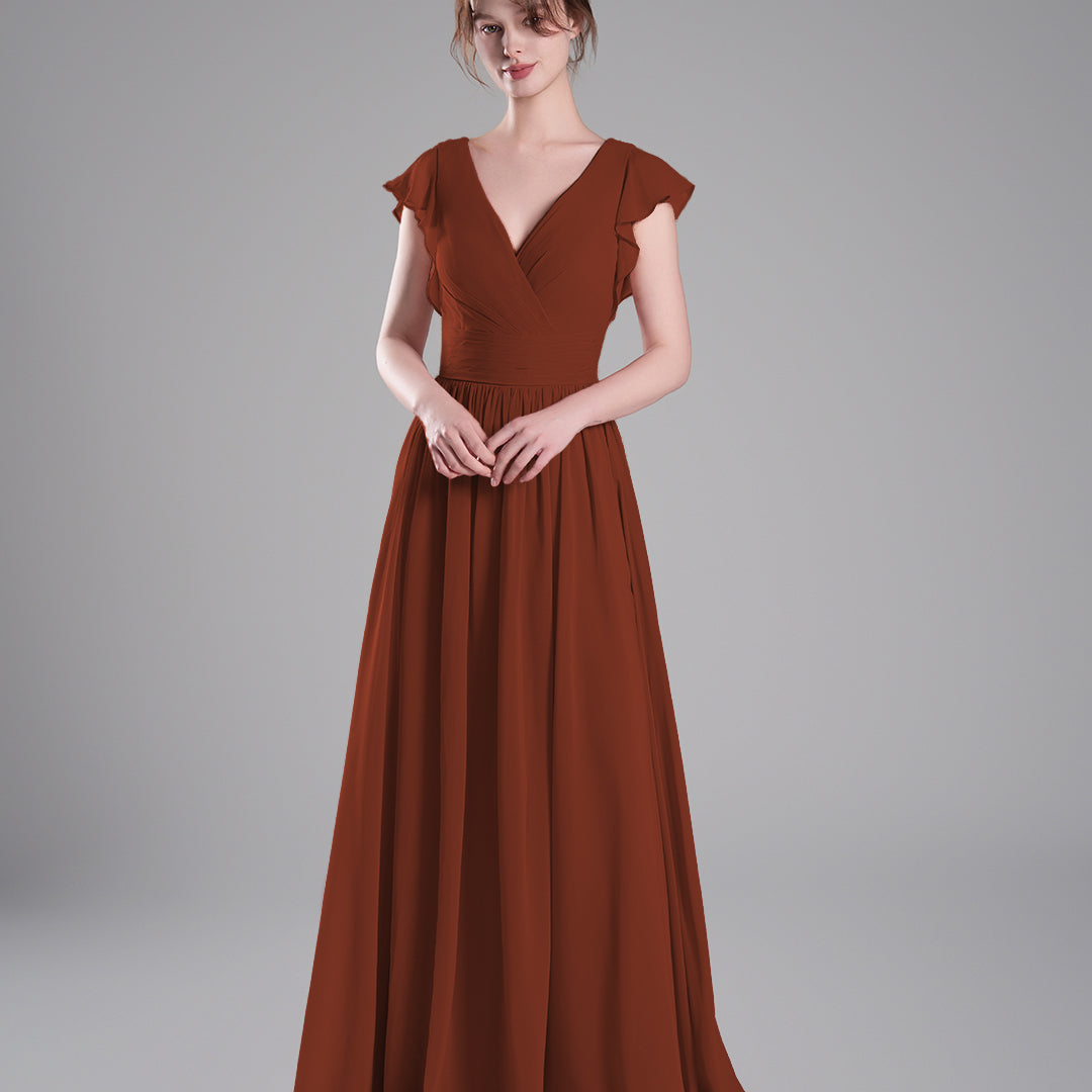 Flutter Sleeves Pleated Bodice Open Back Dresses