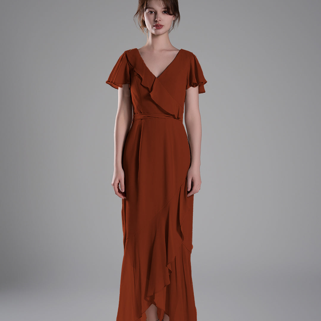 V-Neck Ruffled Detailing Pleated Patchwork Dresses