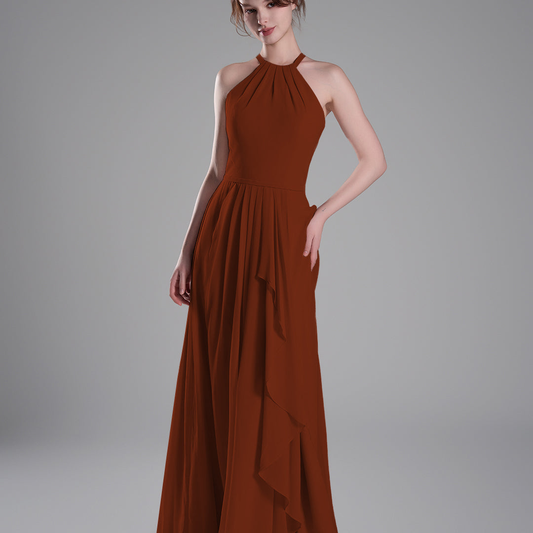 Halter Neckline Pleated Asymmetrical Ruffle Dresses
