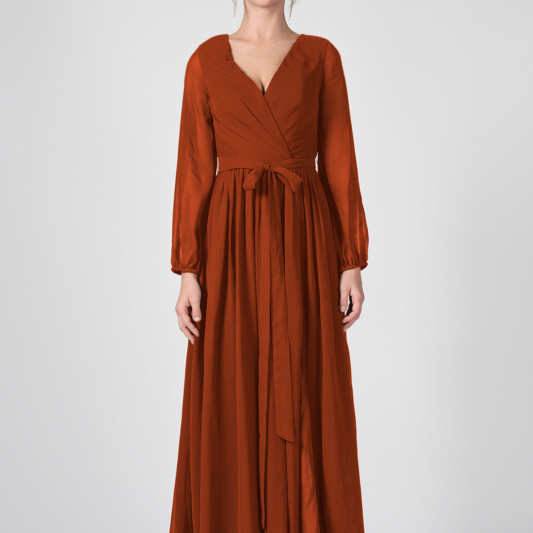 Ruched V-Neck Long Sleeve Split Maxi Dresses with Tie