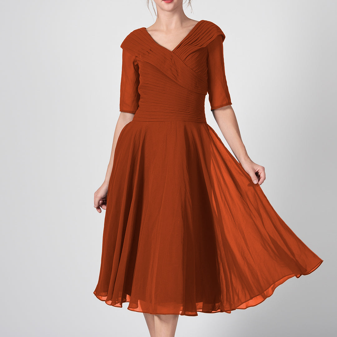 V-Neck Pleated A-Line Mother of the Bride Midi Dresses