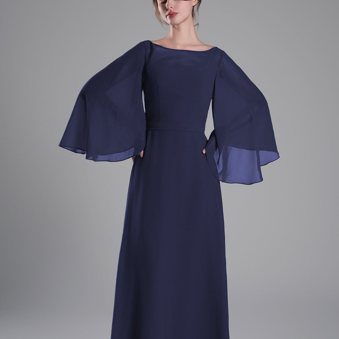 Boat Neckline Bell Sleeves Floor-Length A-Line Dresses