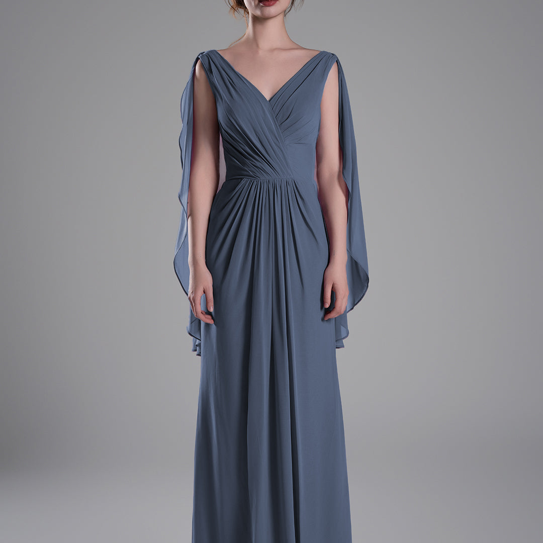 V-Neck Flowing Cape Sleeves Pleated Dress