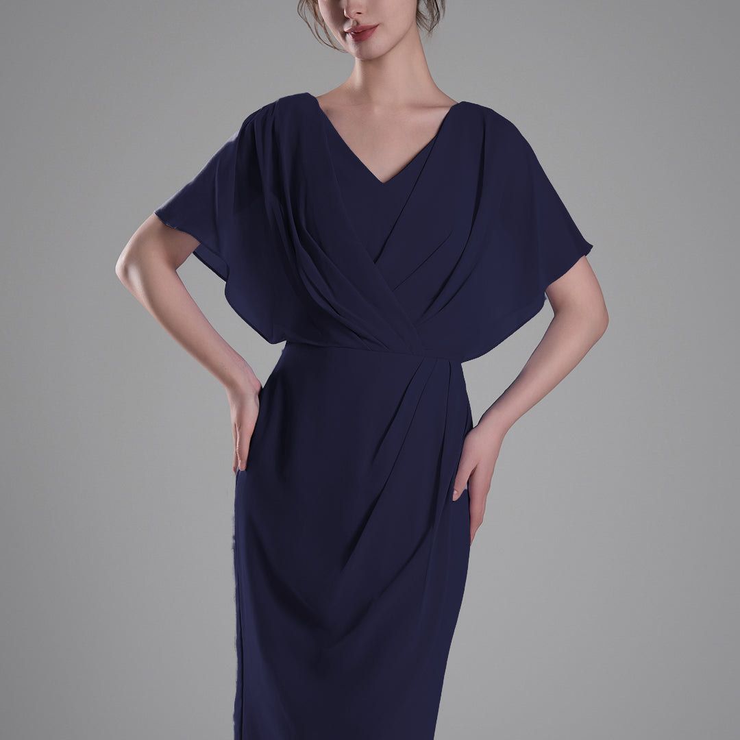 V-neck Pleated Cape Knee-length Dresses
