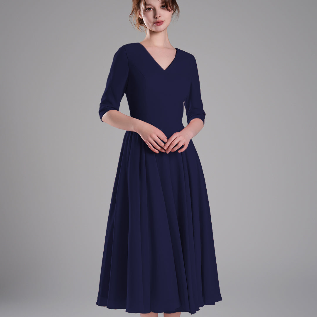 Elegant Chiffon Midi Dress with 3/4 Sleeves